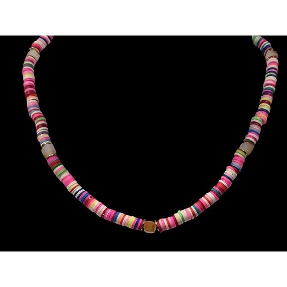 Pink Vinyl Disc Beaded Necklace With Faceted Glass Accents - Picture 2 of 5